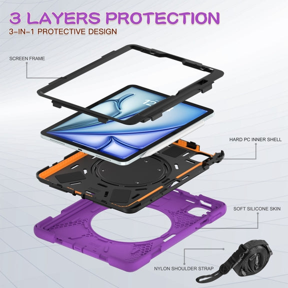 For iPad Air 11 2024 Silicone Hybrid PC Tablet Case with Holder & Shoulder Strap(Purple)