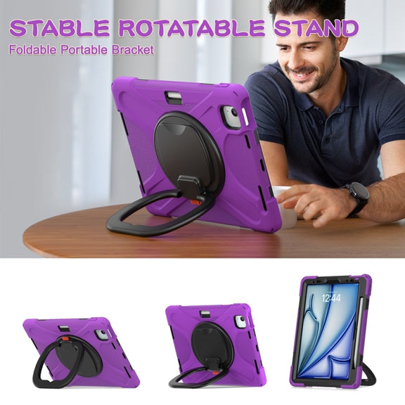 For iPad Air 11 2024 Silicone Hybrid PC Tablet Case with Holder & Shoulder Strap(Purple)