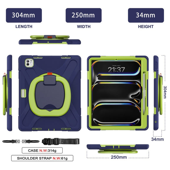 For iPad Pro 11 2024 Silicone Hybrid PC Tablet Case with Holder & Shoulder Strap(Navy Blue Lime)