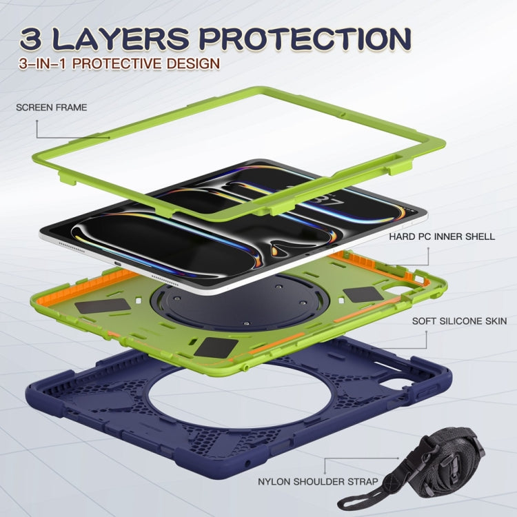 For iPad Pro 11 2024 Silicone Hybrid PC Tablet Case with Holder & Shoulder Strap(Navy Blue Lime)