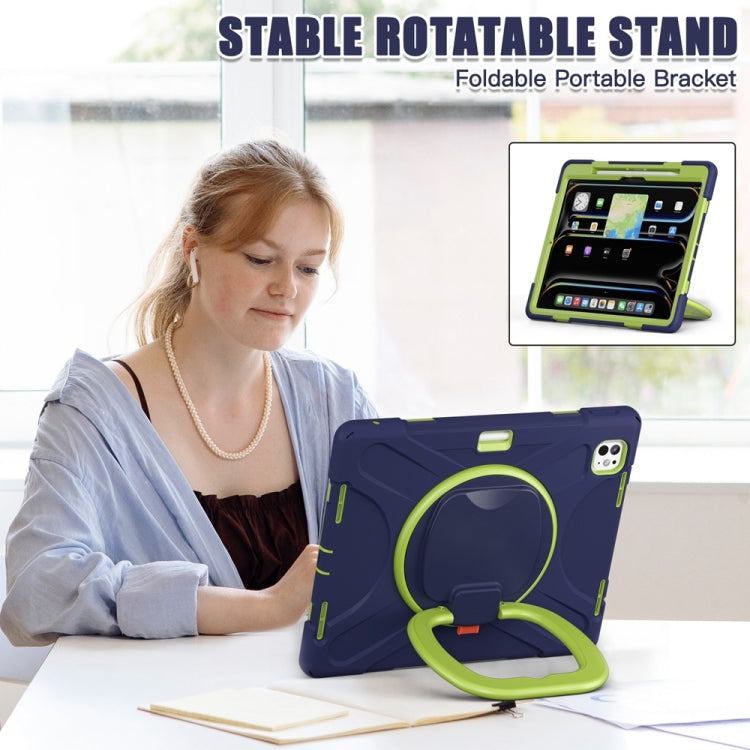 For iPad Pro 11 2024 Silicone Hybrid PC Tablet Case with Holder & Shoulder Strap(Navy Blue Lime)