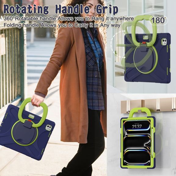 For iPad Pro 11 2024 Silicone Hybrid PC Tablet Case with Holder & Shoulder Strap(Navy Blue Lime)