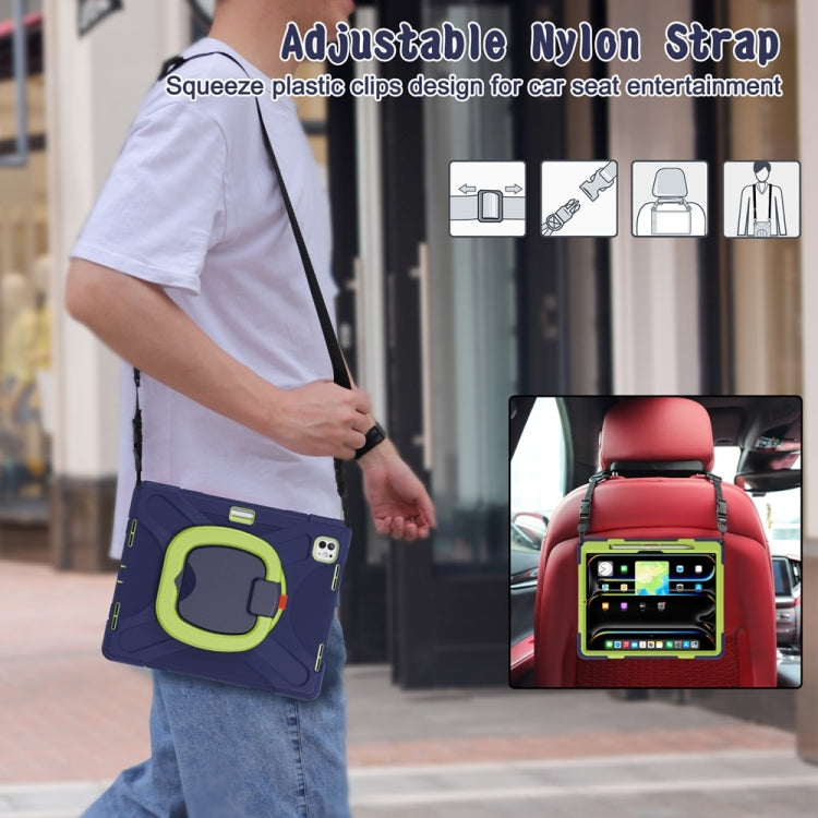 For iPad Pro 11 2024 Silicone Hybrid PC Tablet Case with Holder & Shoulder Strap(Navy Blue Lime)