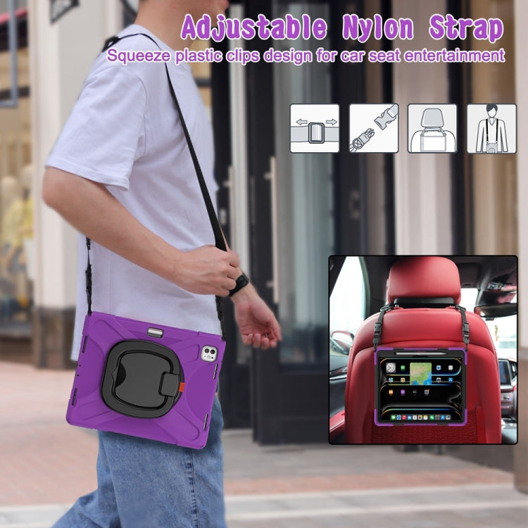 For iPad Pro 11 2024 Silicone Hybrid PC Tablet Case with Holder & Shoulder Strap(Purple)