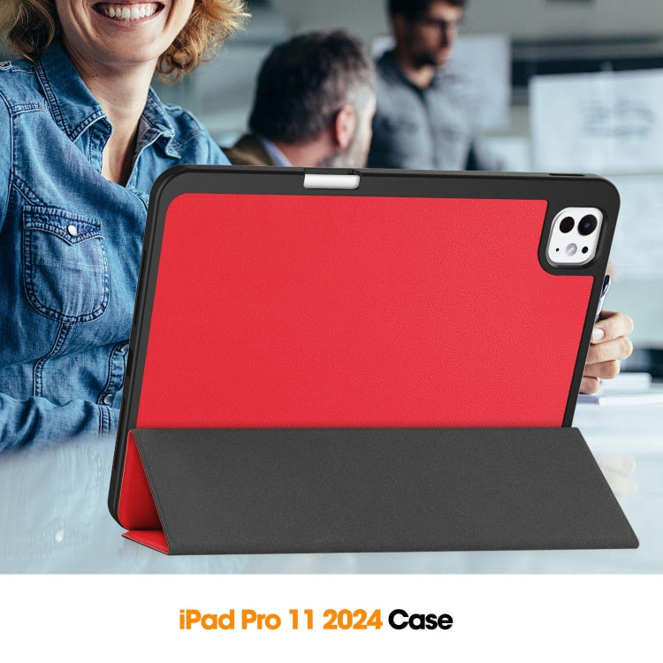 For iPad Pro 11 2024 Custer TPU Pure Color 3-Fold Holder Smart Leather Tablet Case with Pen Tray(Red)