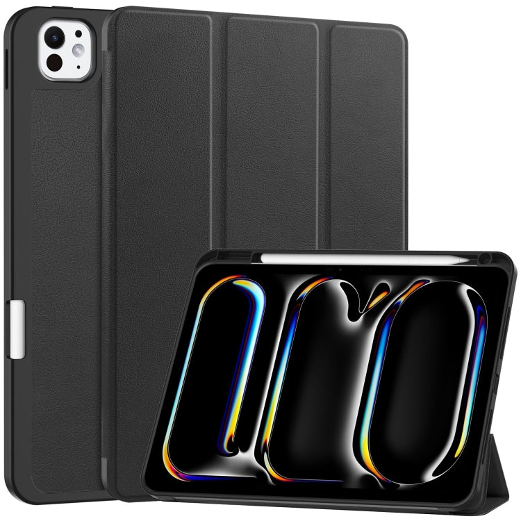 For iPad Pro 11 2024 Custer TPU Pure Color 3-Fold Holder Smart Leather Tablet Case with Pen Tray(Black)