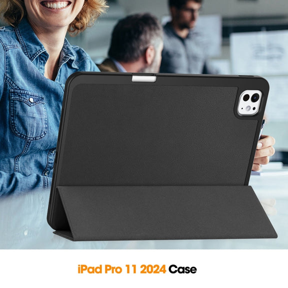 For iPad Pro 11 2024 Custer TPU Pure Color 3-Fold Holder Smart Leather Tablet Case with Pen Tray(Black)