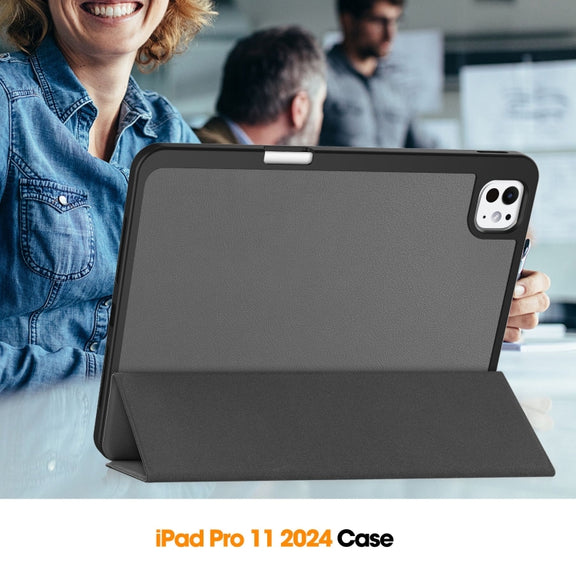 For iPad Pro 11 2024 Custer TPU Pure Color 3-Fold Holder Smart Leather Tablet Case with Pen Tray(Grey)