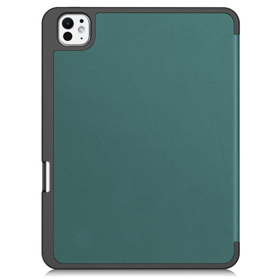 For iPad Pro 11 2024 Custer TPU Pure Color 3-Fold Holder Smart Leather Tablet Case with Pen Tray(Dark Green)