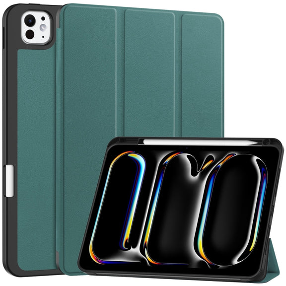 For iPad Pro 11 2024 Custer TPU Pure Color 3-Fold Holder Smart Leather Tablet Case with Pen Tray(Dark Green)