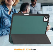 For iPad Pro 11 2024 Custer TPU Pure Color 3-Fold Holder Smart Leather Tablet Case with Pen Tray(Dark Green)