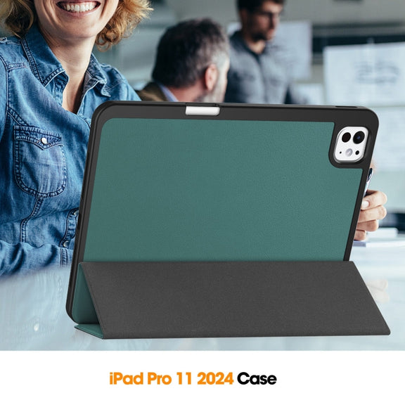 For iPad Pro 11 2024 Custer TPU Pure Color 3-Fold Holder Smart Leather Tablet Case with Pen Tray(Dark Green)