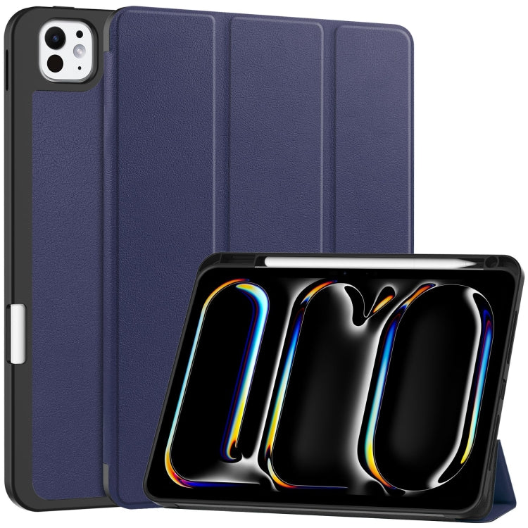 For iPad Pro 11 2024 Custer TPU Pure Color 3-Fold Holder Smart Leather Tablet Case with Pen Tray(Dark Blue)