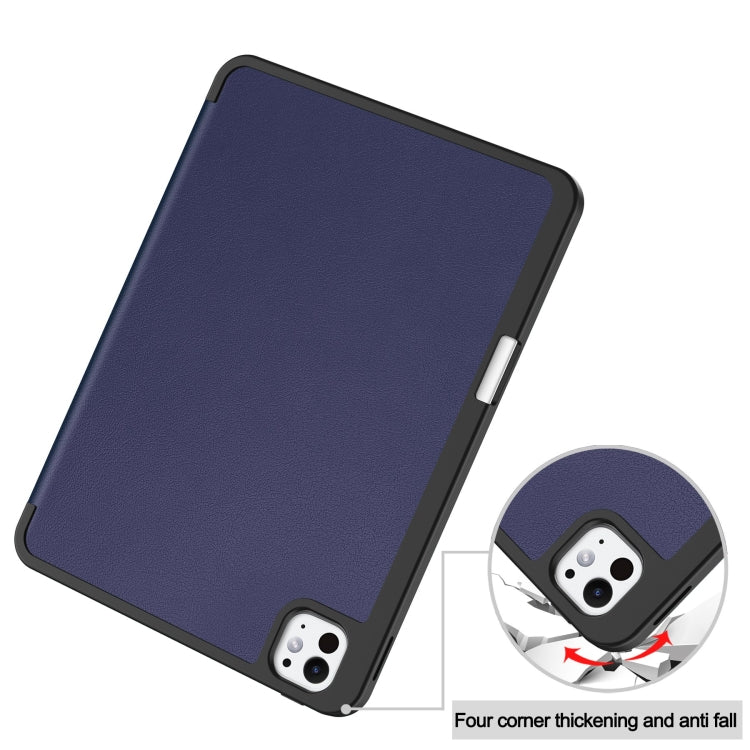 For iPad Pro 11 2024 Custer TPU Pure Color 3-Fold Holder Smart Leather Tablet Case with Pen Tray(Dark Blue)