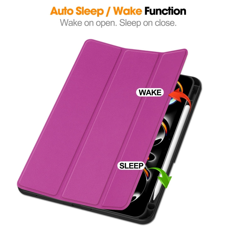 For iPad Pro 11 2024 Custer TPU Pure Color 3-Fold Holder Smart Leather Tablet Case with Pen Tray(Purple)