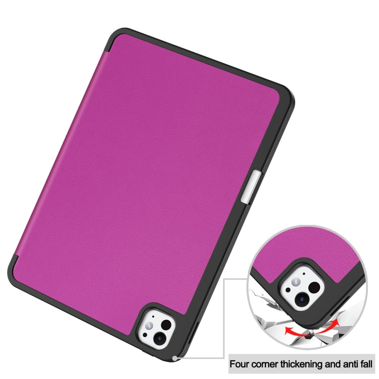 For iPad Pro 11 2024 Custer TPU Pure Color 3-Fold Holder Smart Leather Tablet Case with Pen Tray(Purple)