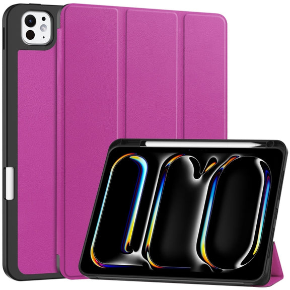 For iPad Pro 11 2024 Custer TPU Pure Color 3-Fold Holder Smart Leather Tablet Case with Pen Tray(Purple)