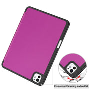 For iPad Pro 11 2024 Custer TPU Pure Color 3-Fold Holder Smart Leather Tablet Case with Pen Tray(Purple)