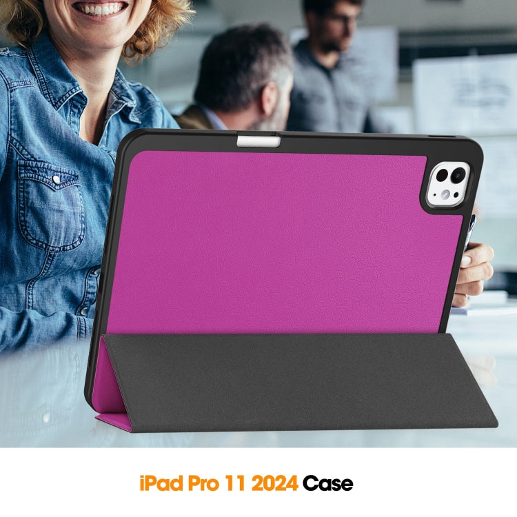 For iPad Pro 11 2024 Custer TPU Pure Color 3-Fold Holder Smart Leather Tablet Case with Pen Tray(Purple)