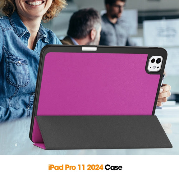 For iPad Pro 11 2024 Custer TPU Pure Color 3-Fold Holder Smart Leather Tablet Case with Pen Tray(Purple)