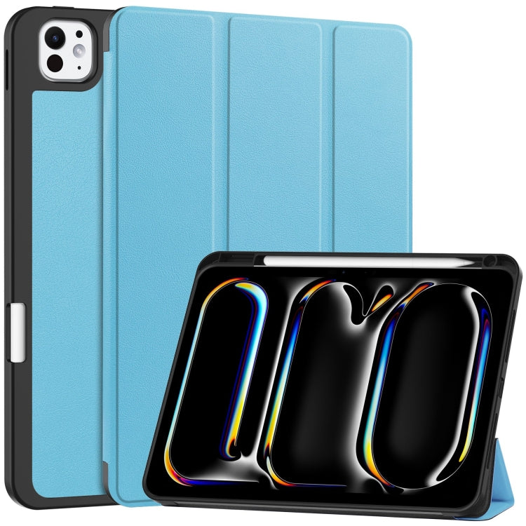 For iPad Pro 11 2024 Custer TPU Pure Color 3-Fold Holder Smart Leather Tablet Case with Pen Tray(Sky Blue)