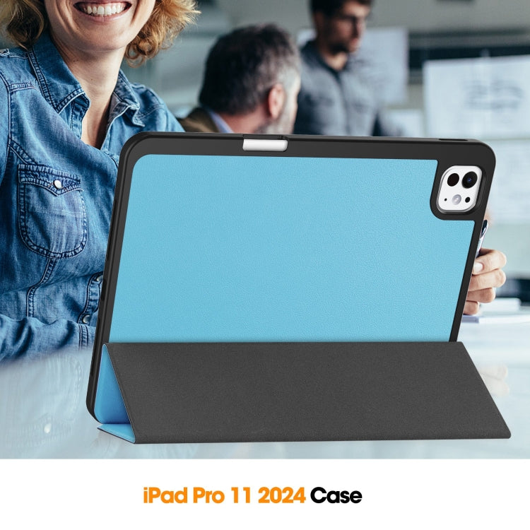 For iPad Pro 11 2024 Custer TPU Pure Color 3-Fold Holder Smart Leather Tablet Case with Pen Tray(Sky Blue)