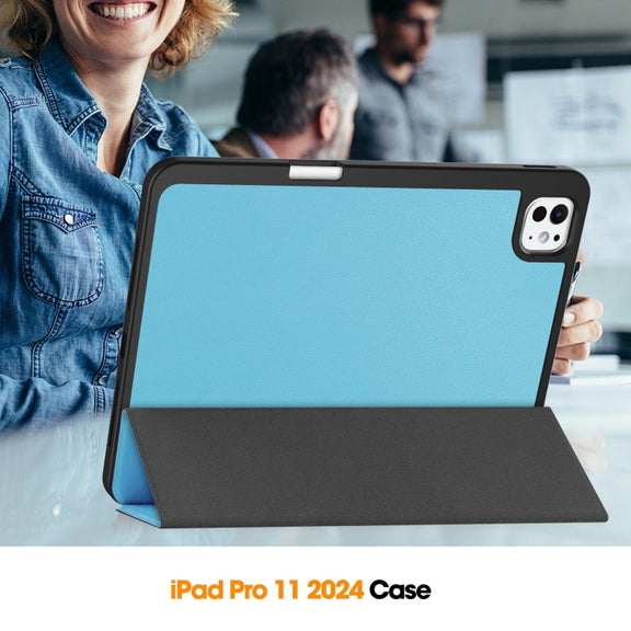 For iPad Pro 11 2024 Custer TPU Pure Color 3-Fold Holder Smart Leather Tablet Case with Pen Tray(Sky Blue)