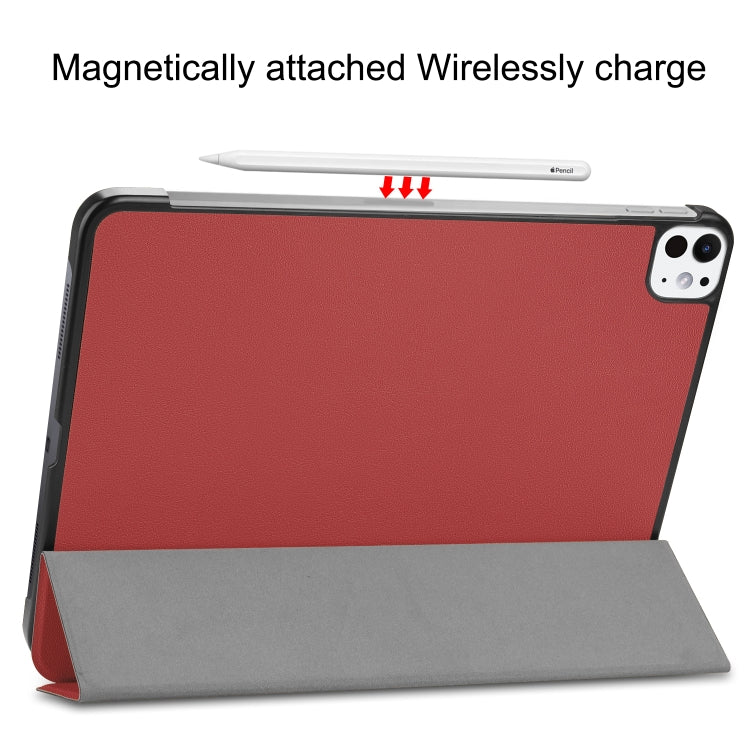 For iPad Pro 11 2024 Custer TPU Pure Color 3-Fold Holder Smart Leather Tablet Case with Pen Tray(Wine Red)