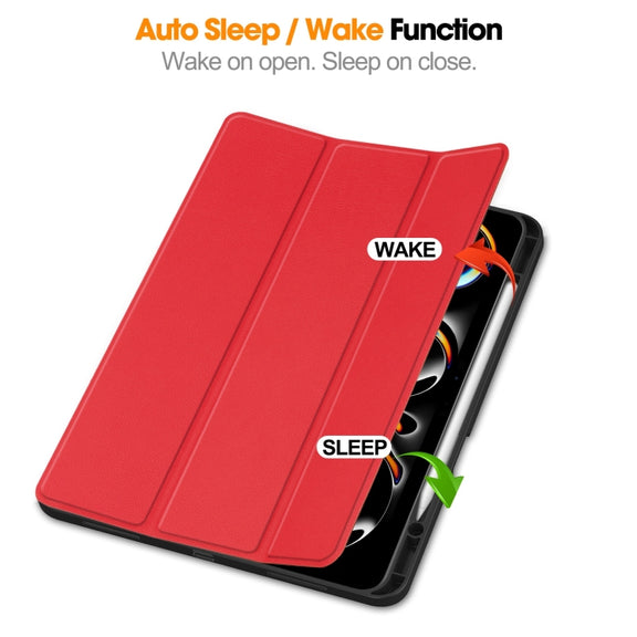 For iPad Pro 13 2024 Custer TPU Pure Color 3-Fold Holder Smart Leather Tablet Case with Pen Tray(Red)