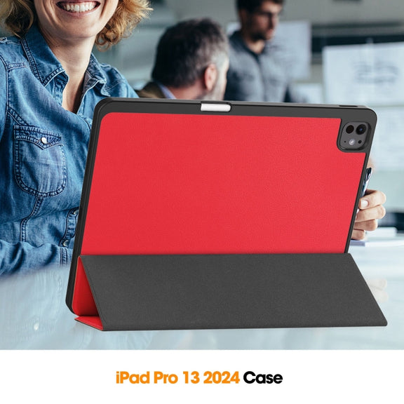 For iPad Pro 13 2024 Custer TPU Pure Color 3-Fold Holder Smart Leather Tablet Case with Pen Tray(Red)