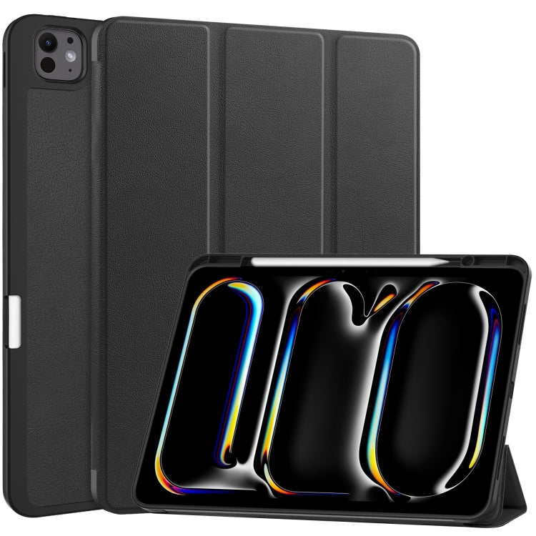 For iPad Pro 13 2024 Custer TPU Pure Color 3-Fold Holder Smart Leather Tablet Case with Pen Tray(Black)