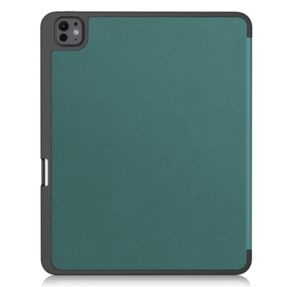 For iPad Pro 13 2024 Custer TPU Pure Color 3-Fold Holder Smart Leather Tablet Case with Pen Tray(Dark Green)