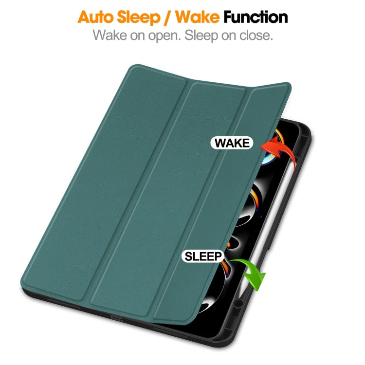 For iPad Pro 13 2024 Custer TPU Pure Color 3-Fold Holder Smart Leather Tablet Case with Pen Tray(Dark Green)