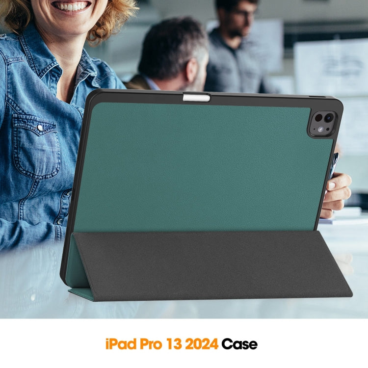 For iPad Pro 13 2024 Custer TPU Pure Color 3-Fold Holder Smart Leather Tablet Case with Pen Tray(Dark Green)