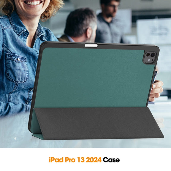 For iPad Pro 13 2024 Custer TPU Pure Color 3-Fold Holder Smart Leather Tablet Case with Pen Tray(Dark Green)