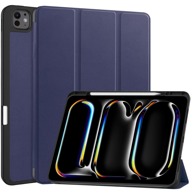 For iPad Pro 13 2024 Custer TPU Pure Color 3-Fold Holder Smart Leather Tablet Case with Pen Tray(Dark Blue)