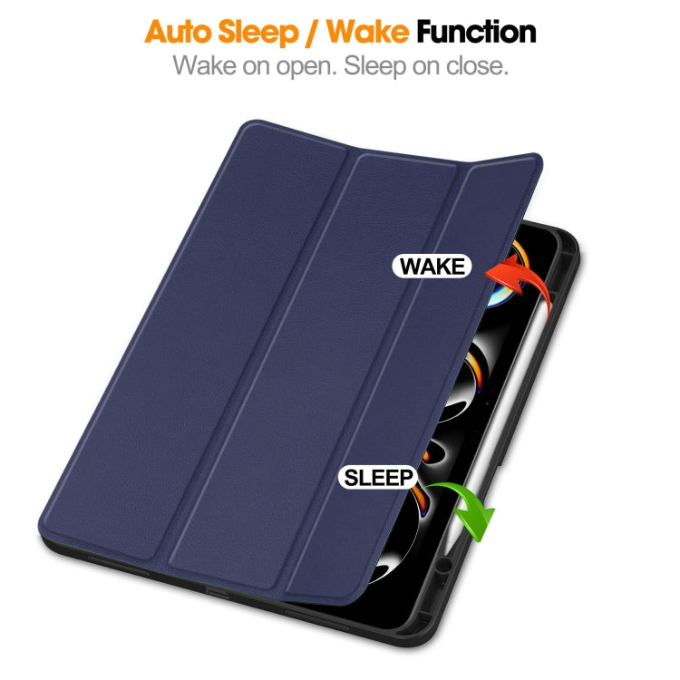 For iPad Pro 13 2024 Custer TPU Pure Color 3-Fold Holder Smart Leather Tablet Case with Pen Tray(Dark Blue)