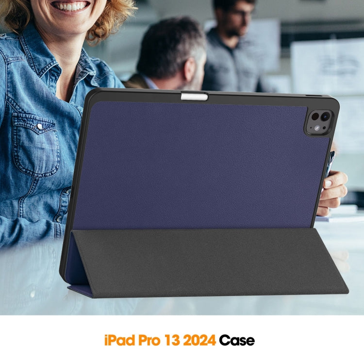 For iPad Pro 13 2024 Custer TPU Pure Color 3-Fold Holder Smart Leather Tablet Case with Pen Tray(Dark Blue)