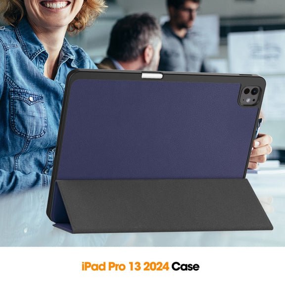 For iPad Pro 13 2024 Custer TPU Pure Color 3-Fold Holder Smart Leather Tablet Case with Pen Tray(Dark Blue)
