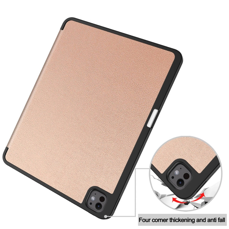 For iPad Pro 13 2024 Custer TPU Pure Color 3-Fold Holder Smart Leather Tablet Case with Pen Tray(Rose Gold)