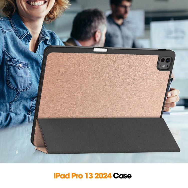 For iPad Pro 13 2024 Custer TPU Pure Color 3-Fold Holder Smart Leather Tablet Case with Pen Tray(Rose Gold)