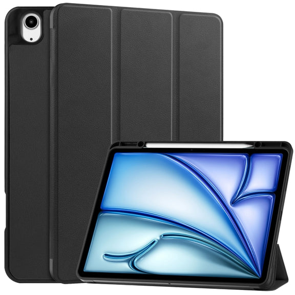For iPad Air 13 2024 / 2025 Custer TPU Pure Color 3-Fold Holder Smart Leather Tablet Case with Pen Tray(Black)