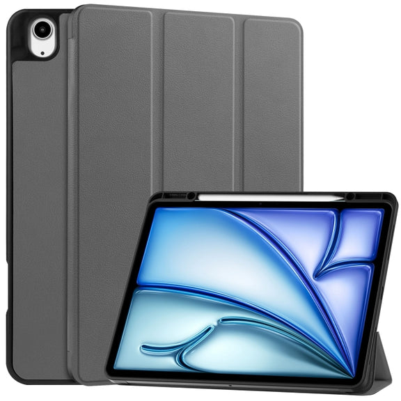 For iPad Air 13 2024 Custer TPU Pure Color 3-Fold Holder Smart Leather Tablet Case with Pen Tray(Grey)
