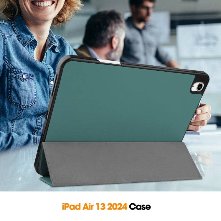 For iPad Air 13 2024 Custer TPU Pure Color 3-Fold Holder Smart Leather Tablet Case with Pen Tray(Dark Green)