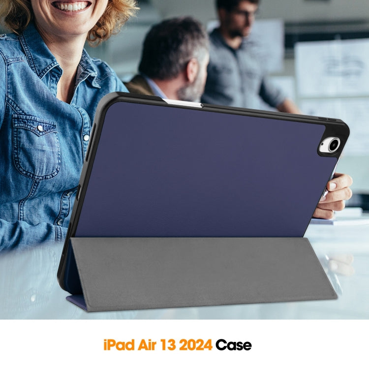 For iPad Air 13 2024 / 2025 Custer TPU Pure Color 3-Fold Holder Smart Leather Tablet Case with Pen Tray(Dark Blue)