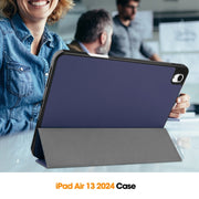 For iPad Air 13 2024 / 2025 Custer TPU Pure Color 3-Fold Holder Smart Leather Tablet Case with Pen Tray(Dark Blue)