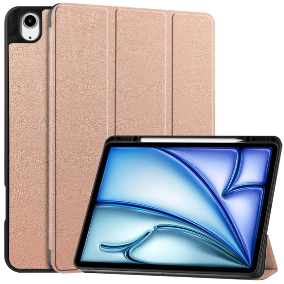 For iPad Air 13 2024 / 2025 Custer TPU Pure Color 3-Fold Holder Smart Leather Tablet Case with Pen Tray(Rose Gold)