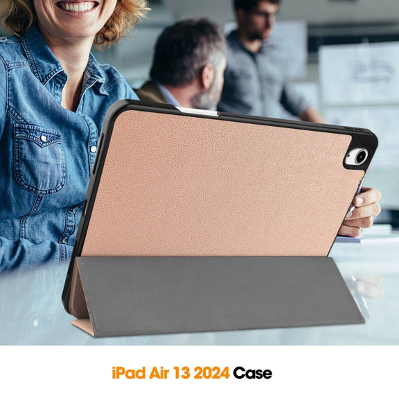For iPad Air 13 2024 / 2025 Custer TPU Pure Color 3-Fold Holder Smart Leather Tablet Case with Pen Tray(Rose Gold)