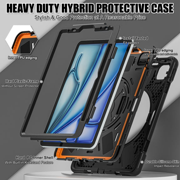 For iPad Air 11 2024 / Air 11 2025 Rotatable Holder Silicone Hybrid PC Tablet Case with Shoulder Strap(Black)
