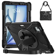For iPad Air 11 2024 / Air 11 2025 Rotatable Holder Silicone Hybrid PC Tablet Case with Shoulder Strap(Black)